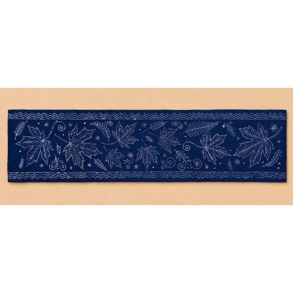 Handmade Indigo Batik Maple Leaf Table Runner, Natural Indigo Cotton Tea Mat